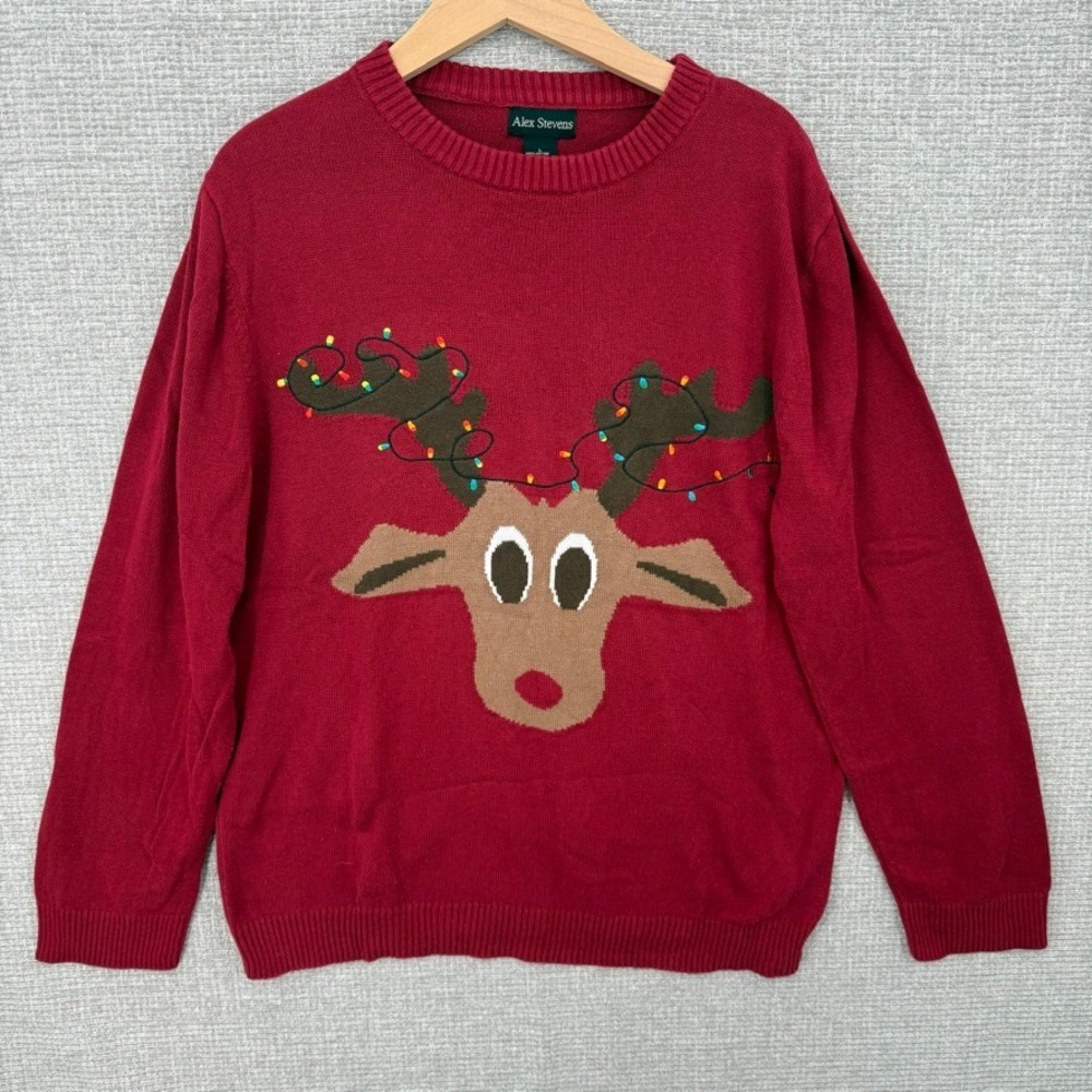 Alex Stevens Reindeer Christmas Sweater Mens L Red Holiday Ugly Sweater